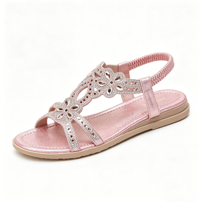 ✨Women's Rhinestone Flower Flat Sandals, Elastic Back Strap Bohemian Summer Sandals Multi-Color Sparkly Open-Toe Shoes