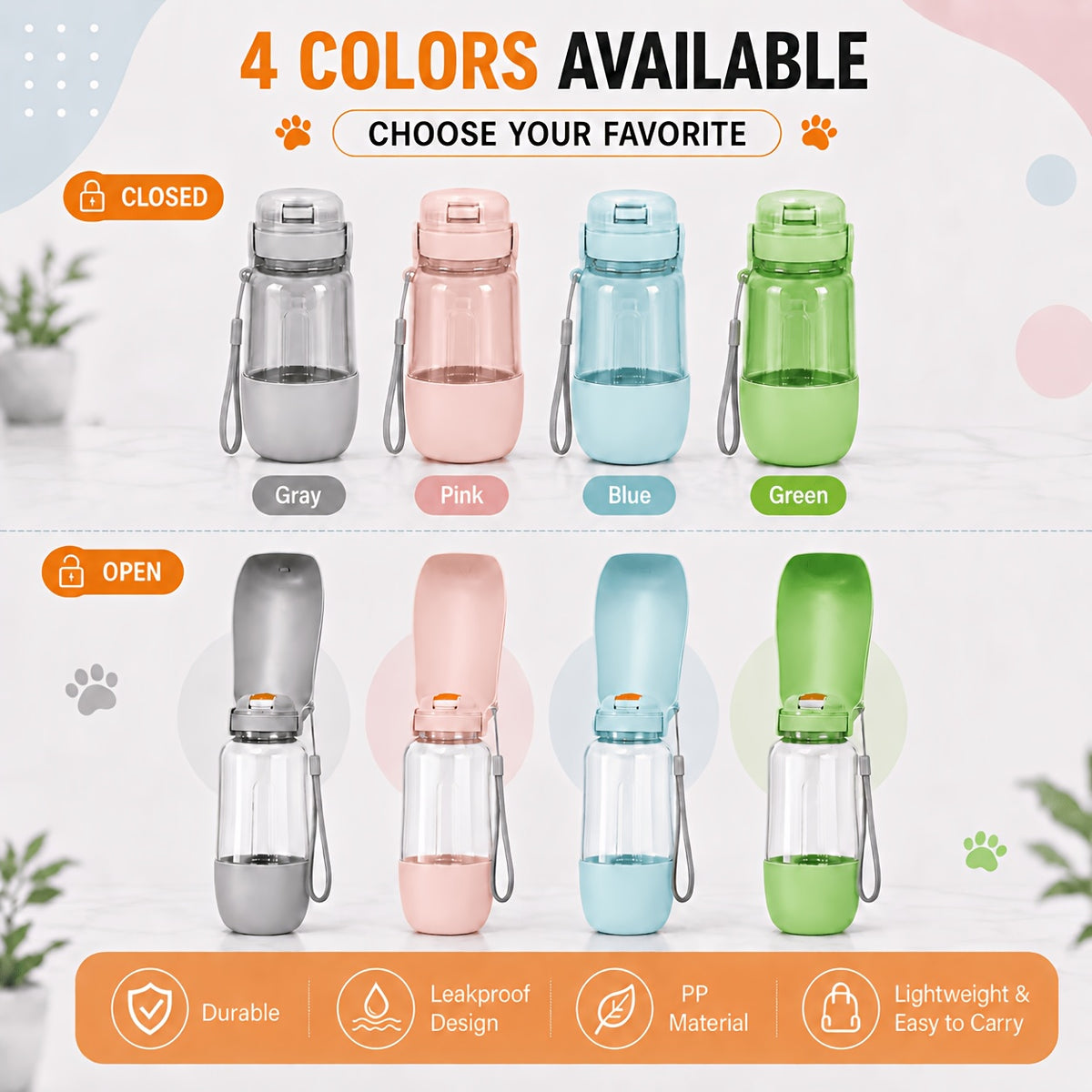 🔥40% OFF – Limited Time Only2-in-1 Portable Dog Water Bottle – 520ml Leak-Proof Water Bottle with 150ml Food Storage for Travel & Outdoor Adventures