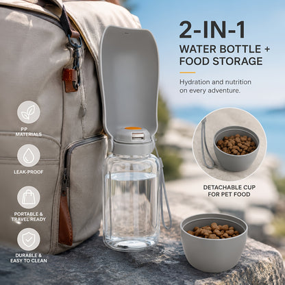 🔥40% OFF – Limited Time Only2-in-1 Portable Dog Water Bottle – 520ml Leak-Proof Water Bottle with 150ml Food Storage for Travel & Outdoor Adventures
