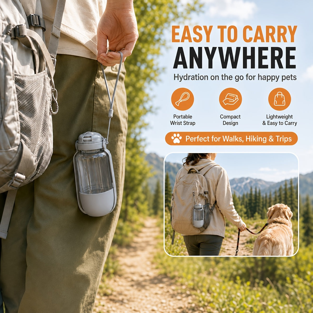 🔥40% OFF – Limited Time Only2-in-1 Portable Dog Water Bottle – 520ml Leak-Proof Water Bottle with 150ml Food Storage for Travel & Outdoor Adventures