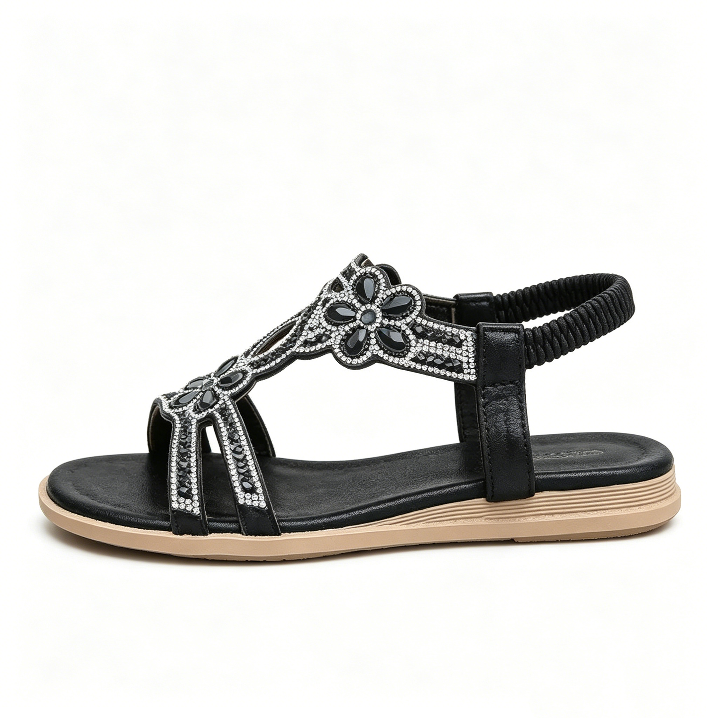 ✨Women's Rhinestone Flower Flat Sandals, Elastic Back Strap Bohemian Summer Sandals Multi-Color Sparkly Open-Toe Shoes