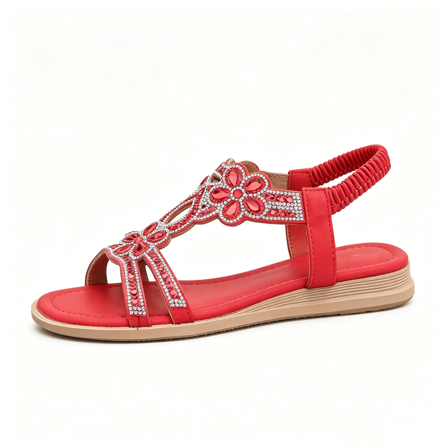 ✨Women's Rhinestone Flower Flat Sandals, Elastic Back Strap Bohemian Summer Sandals Multi-Color Sparkly Open-Toe Shoes